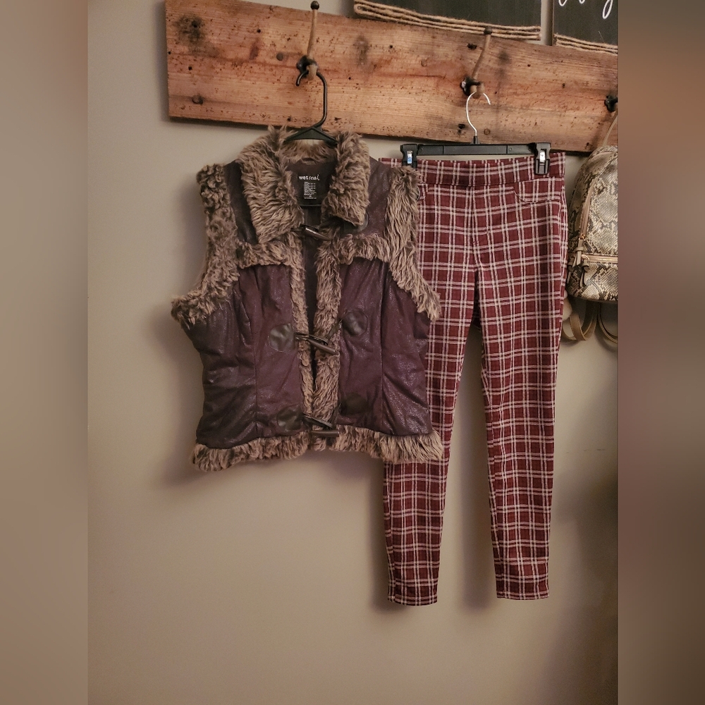 Wet Seal Faux Leather & Fur Trimmed Vest W/ Plaid Leggings